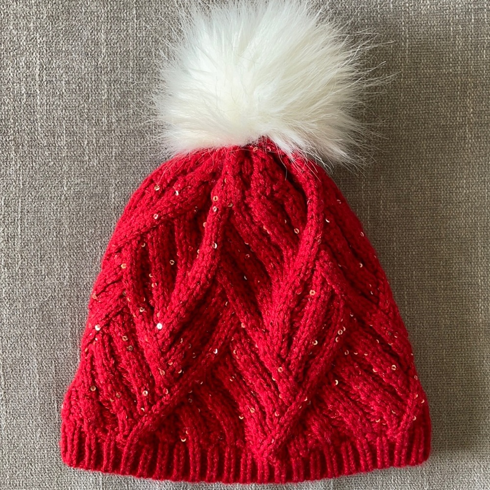 Old Navy toddler red sequin beanie with white pom Size L-XL